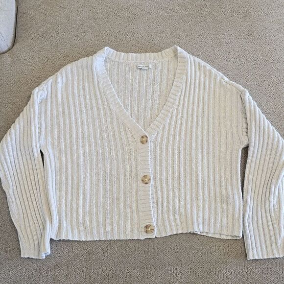 American Eagle Cream Beach Coastal Cotton Knit V-Neck Cardigan - Size Medium - Picture 2 of 14